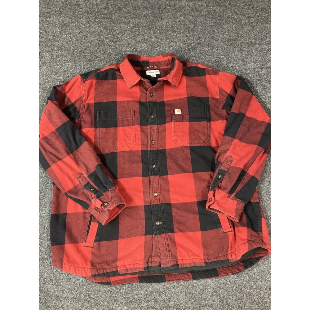 Carhartt Relaxed Fit Red Buffalo Plaid Flannel Fleece Lined Shacket Jacket XXL
